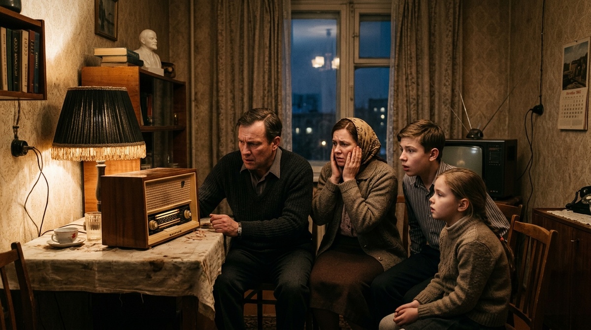 Советская семья в напряжении слушает вечернее радиосообщение в интерьере 1960 года