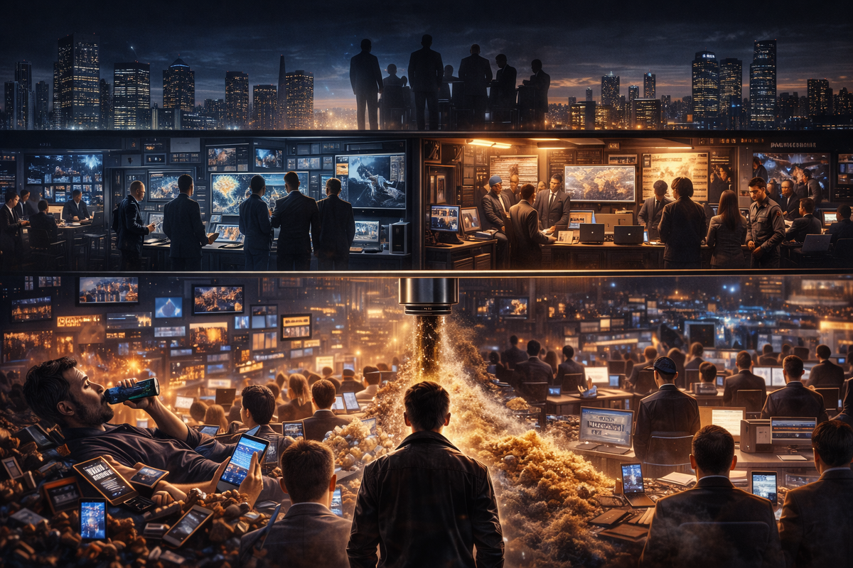 Большая реалистичная композиция: современный мегаполис и огромное человеческое множество, разделённое на несколько невидимых уровней. На переднем плане — обычные люди со смартфонами, новостными лентами, экранами, повседневной суетой. Над ними или за ними — более закрытые слои общества: аналитики, чиновники, военные, люди в переговорных, работа с картами и документами. Ещё выше — почти не видимый верхний слой, где принимаются реальные решения. Вся сцена должна передавать идею скрытой социальной пирамиды доступа к реальности.