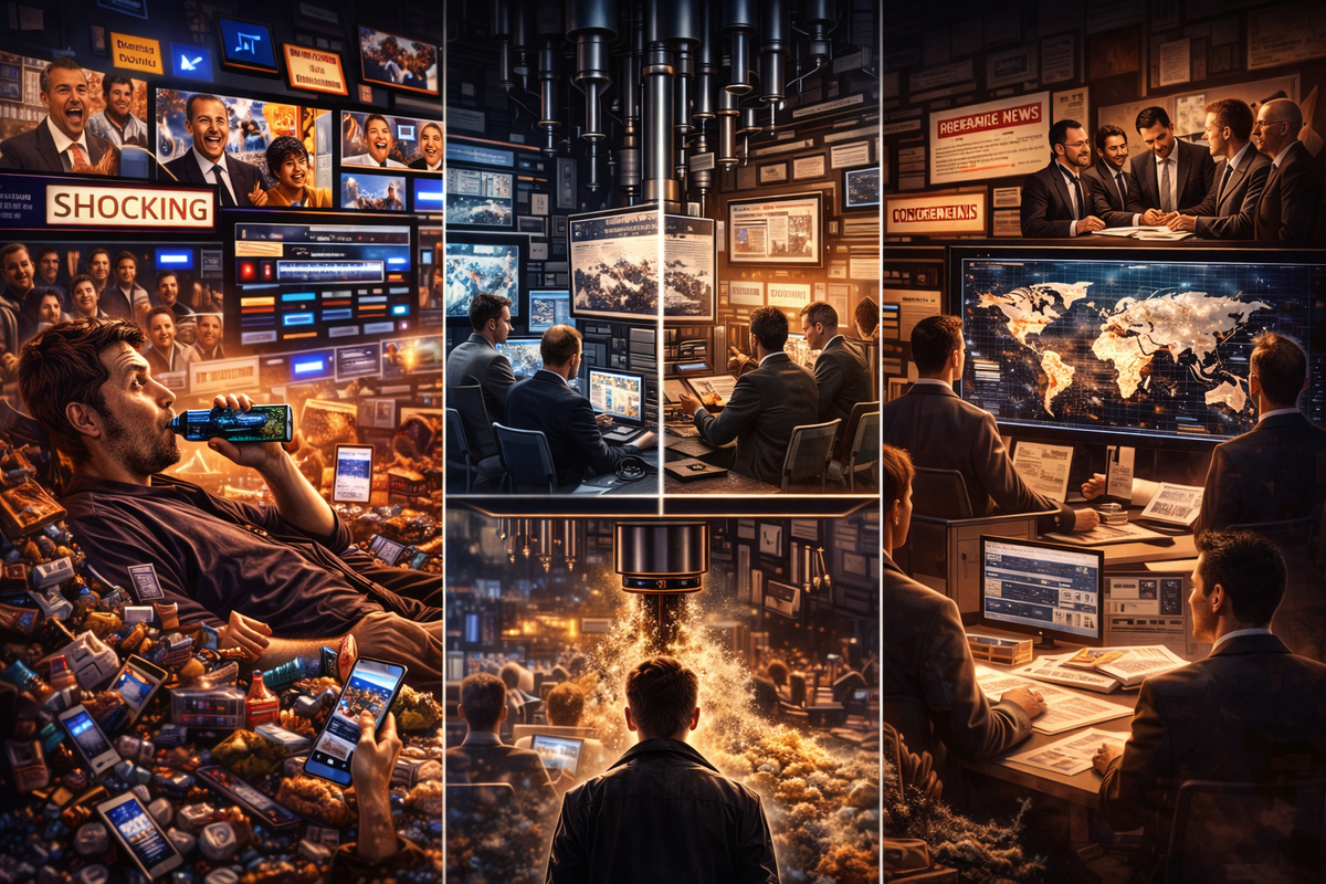 Жёсткая многофигурная сцена, показывающая разные касты доступа к информации. Слева — массовый человек, погружённый в шум новостей, мемов, ток-шоу, смартфонов и экранов. В центре — аналитики, редакторы, операторы, люди, перерабатывающие и сортирующие информацию. Справа — закрытый кабинет или командный центр, где серьёзные люди работают с картами, секретными документами, спутниковыми снимками и закрытыми переговорами. Визуально показать, что это не просто разные профессии, а разные уровни доступа к реальности.