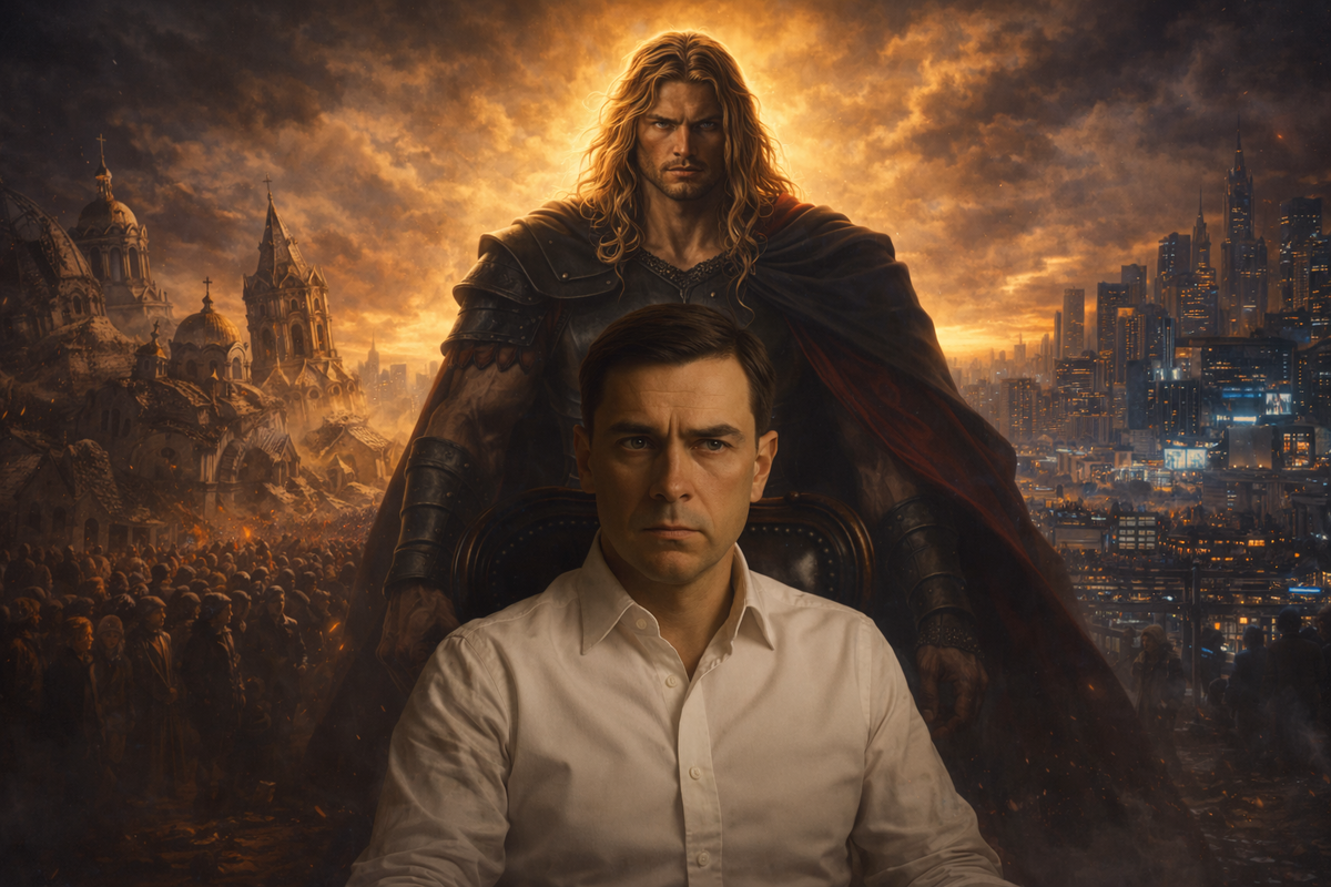 Большая многослойная композиция. На переднем плане — Вестник, современный мужчина славянской внешности в белой рубашке, с серьёзным, напряжённым и сосредоточенным взглядом, сидящий в полумраке как человек, которому открыта тяжёлая правда. За его спиной в световом переходе возвышается Христофор — высокий светловолосый воин с мощной атлетической фигурой, голубыми глазами, в воронёных римских латах и чёрной мантии с красным подбоем. Ещё дальше — расколотые храмы, спорящие соборы, толпы людей, цифровой мир экранов, города, огни цивилизации и тревожное небо над человечеством. Вся композиция должна передавать главный смысл: старая церковная форма треснула, но начинается новое собирание вокруг Христа. 