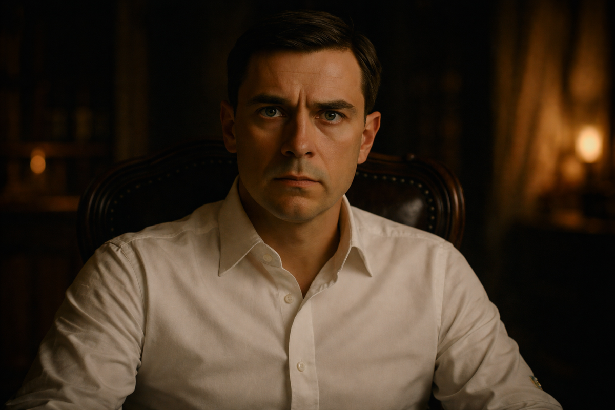 Вестник сидит в полутёмной комнате в массивном кресле. Белая рубашка, напряжённое лицо, прямой взгляд, внутреннее ощущение тяжёлой ответственности. Вокруг полумрак, глубокие тени, ощущение ночного разговора о судьбе мира. Атмосфера не бытовая, а сосредоточенно-апокалиптическая: человек услышал нечто такое, после чего уже невозможно жить по-старому. 