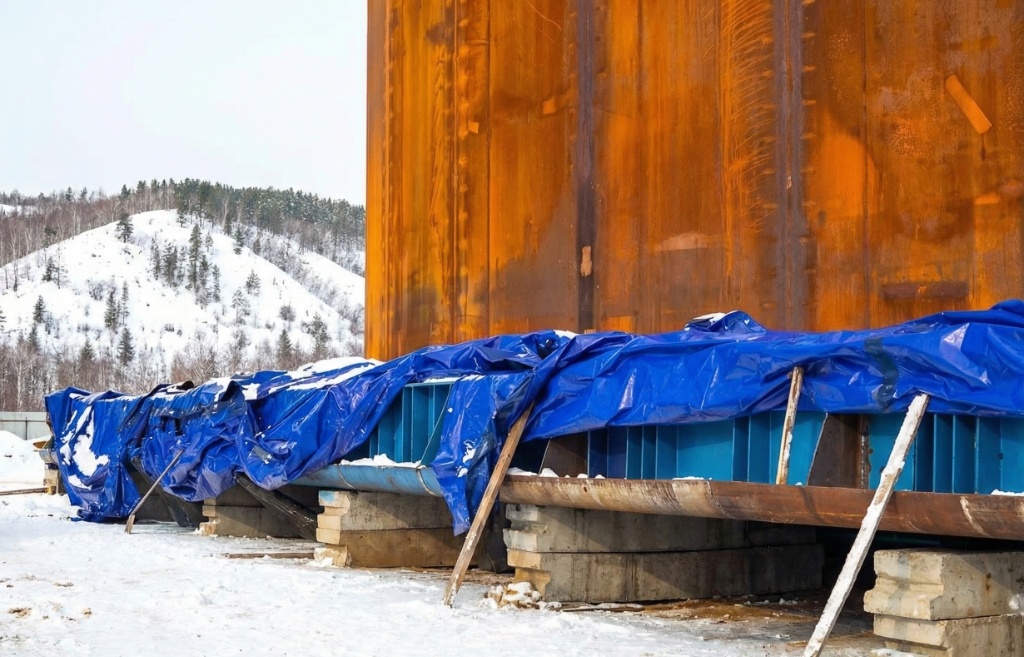 Подведение ролик-мешков под основание коффердама. Синие цилиндры под тентом готовы к надуву. Фото: пресс-служба Группы «ВИС»