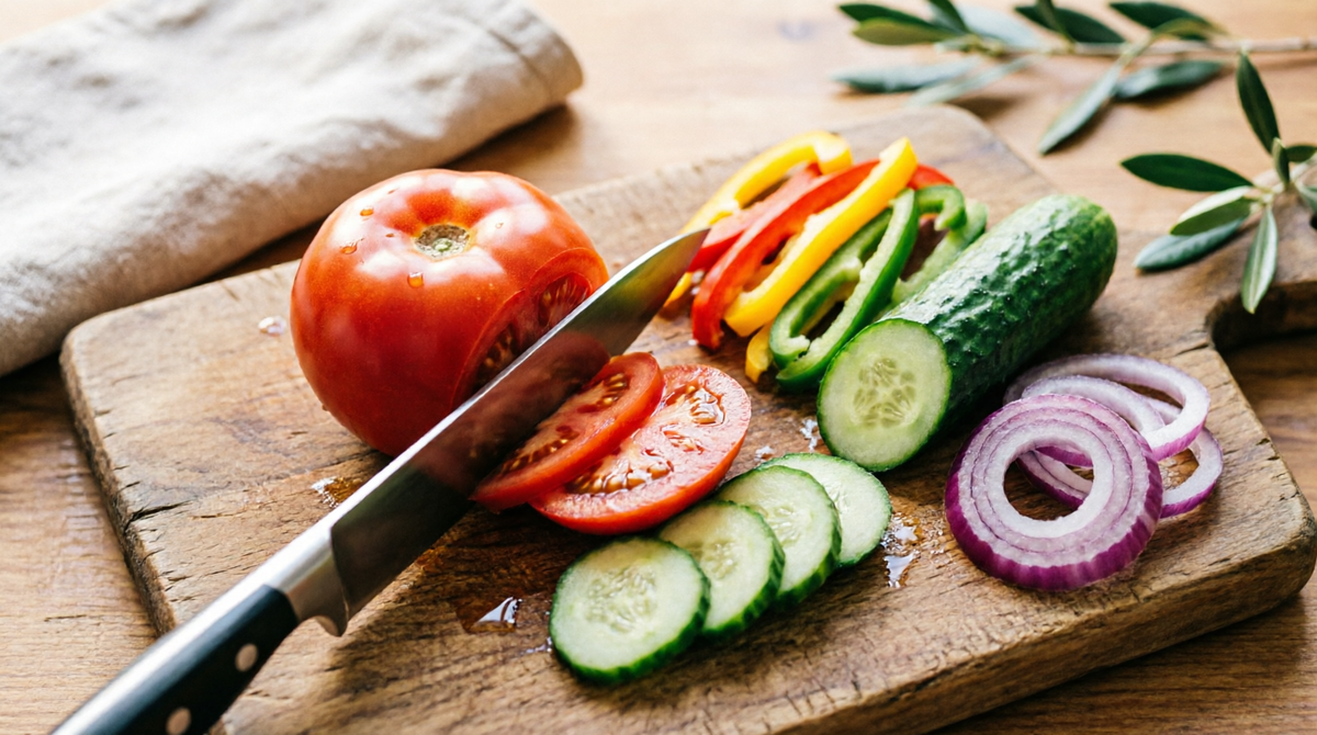 «Нарезка овощей для греческого салата, крупный план»