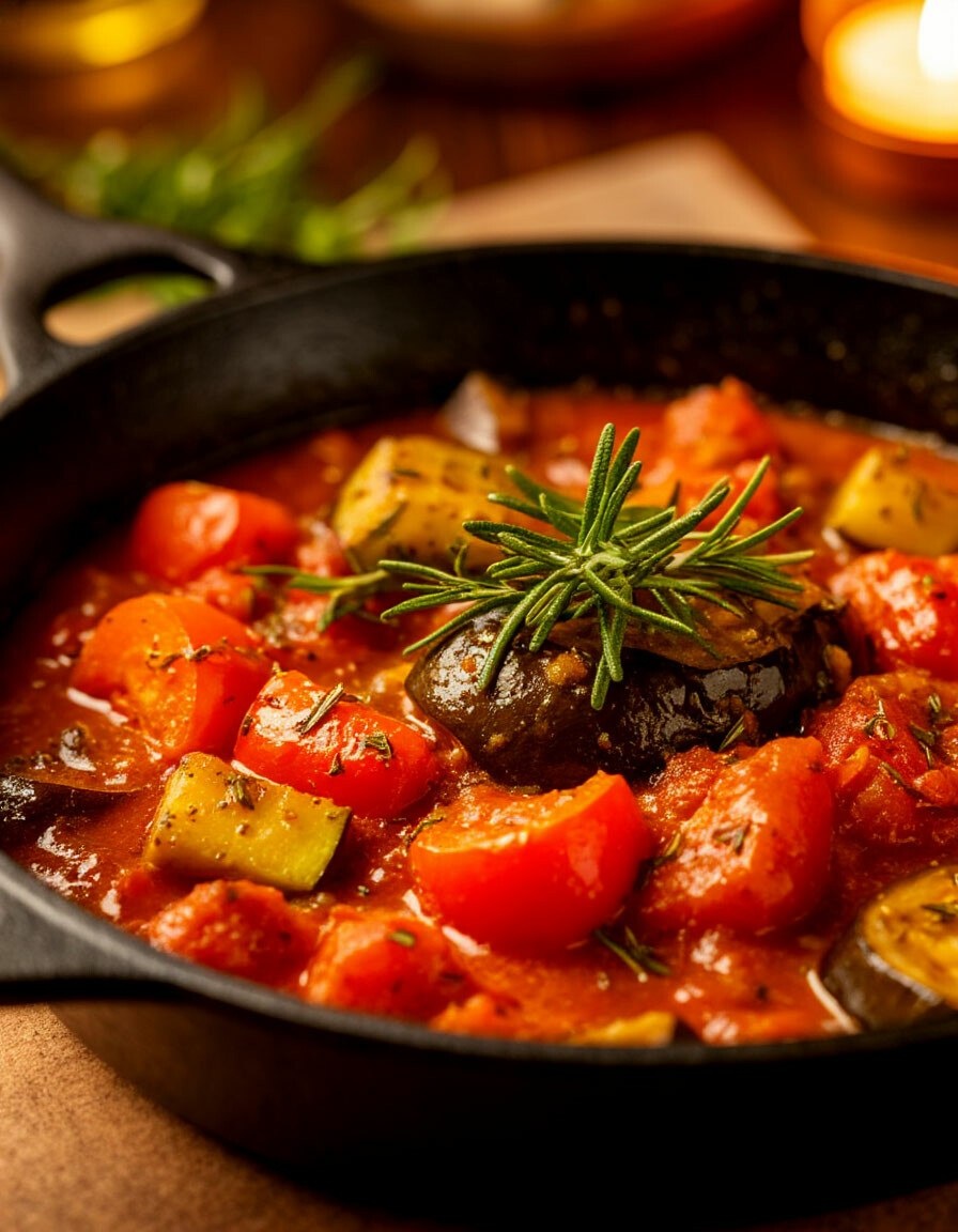 Рецепт. Гармония вкуса: Овощное рагу с розмарином в чугунной сковороде.