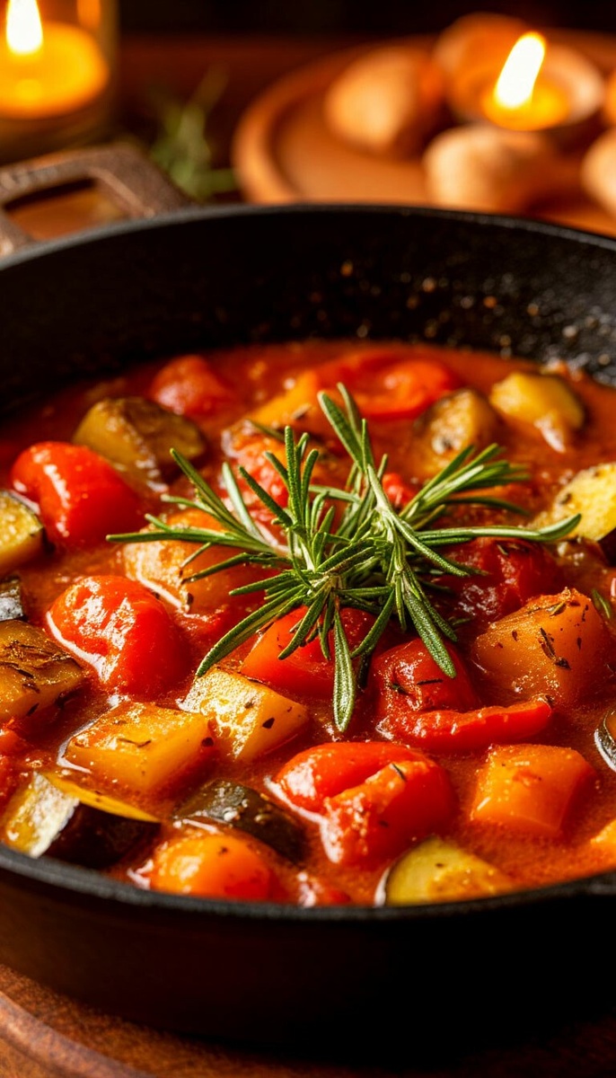 Рецепт. Гармония вкуса: Овощное рагу с розмарином в чугунной сковороде.