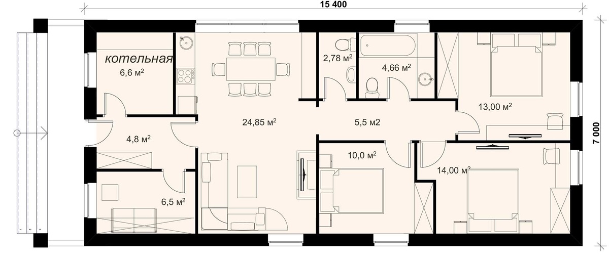 В зависимости от обстоятельств окна спален можно делать на разные фасады (в правой части плана)