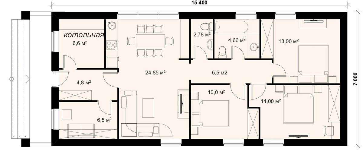 В зависимости от обстоятельств окна спален можно делать на разные фасады (в правой части плана)