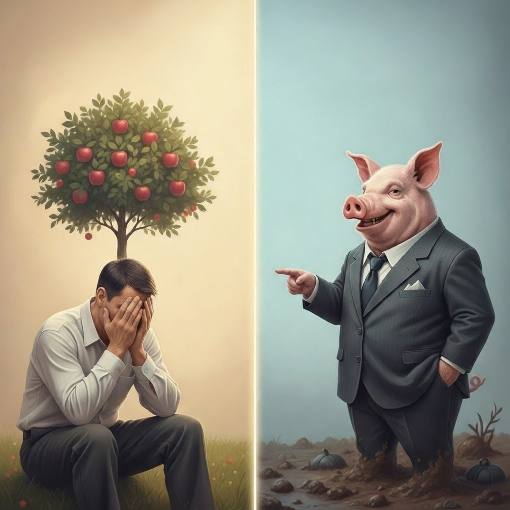 "Стыд как граница: Древо познания и скотское осуждение", иллюстрация создана сетью Джемини