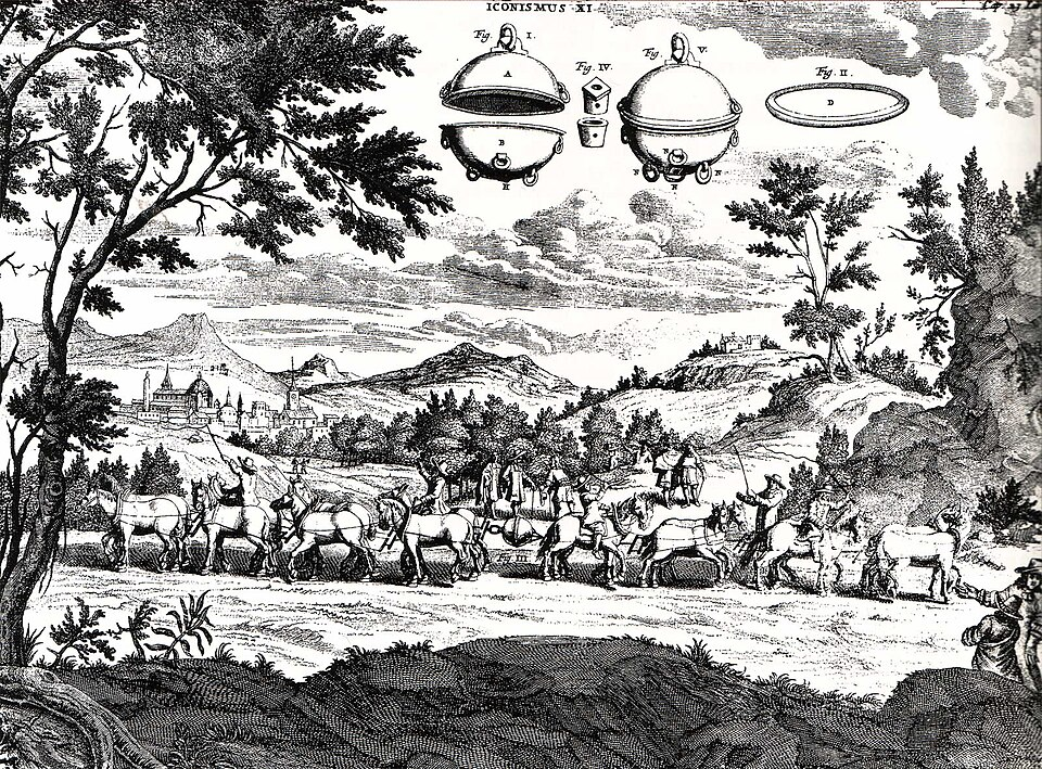 Гравюра с изображением эксперимента с магдебургскими полушариями, выполненная Гаспаром Шоттом. Взято с просторов интернет.