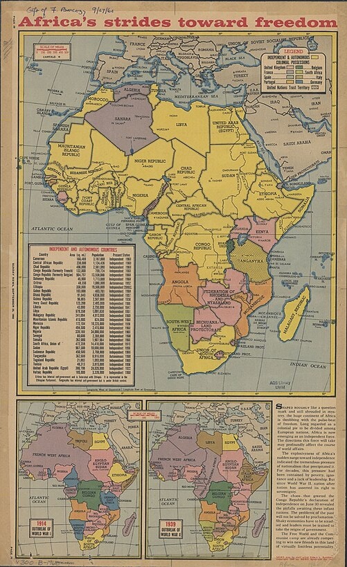 Карта Африки в 1960 году. Желтым отмечены страны получившие независимость к 1960 году / Википедия