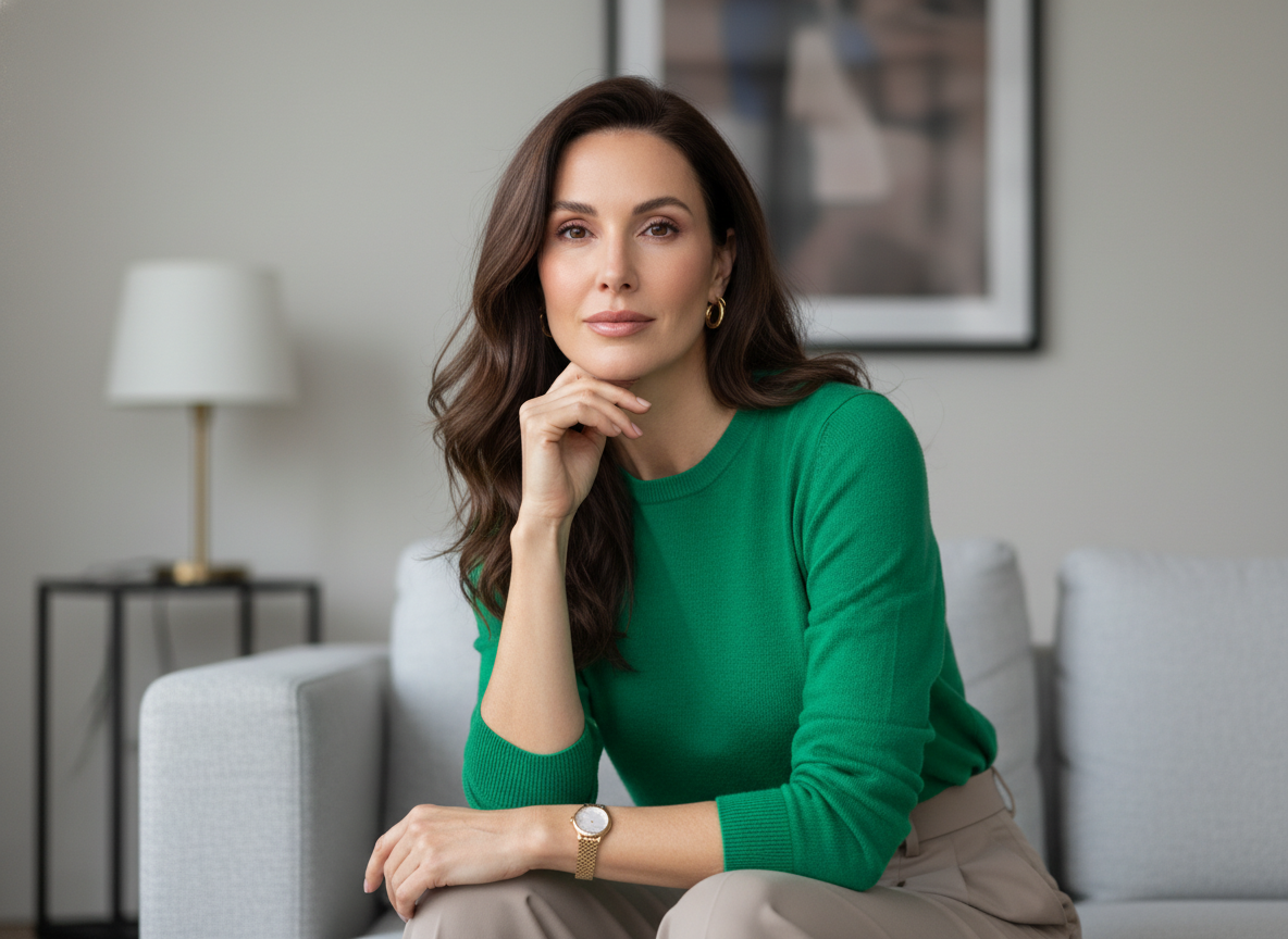 Женщина на диване в ярком изумрудном свитере и нейтральных брюках, уверенный взгляд
