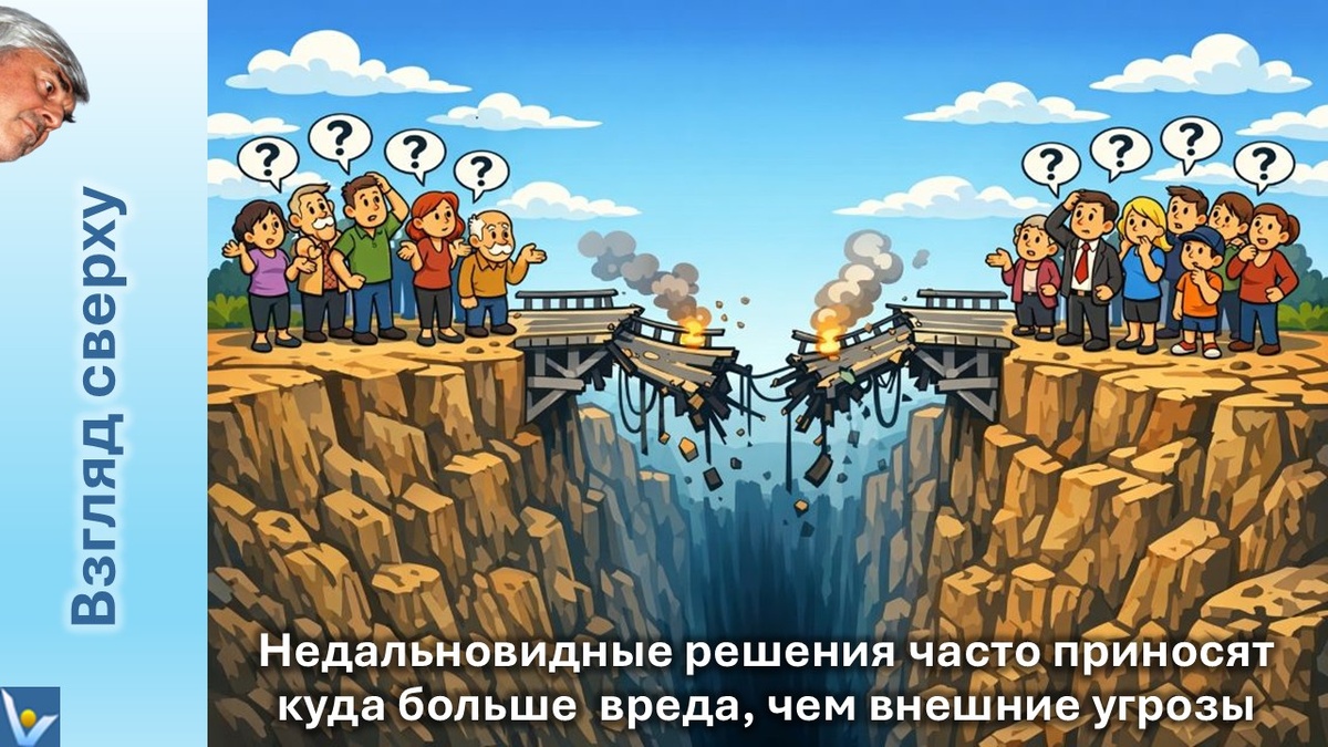 Взгляд сверху: недаальновидные решения часто приносят куда больше вреда, чем внешние угрозы. Вадим Котельников