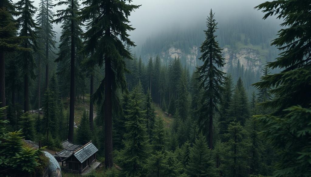    Скрипучая лесная местность таинственной тайги Приморского края с высокими елями и зелеными зарослями