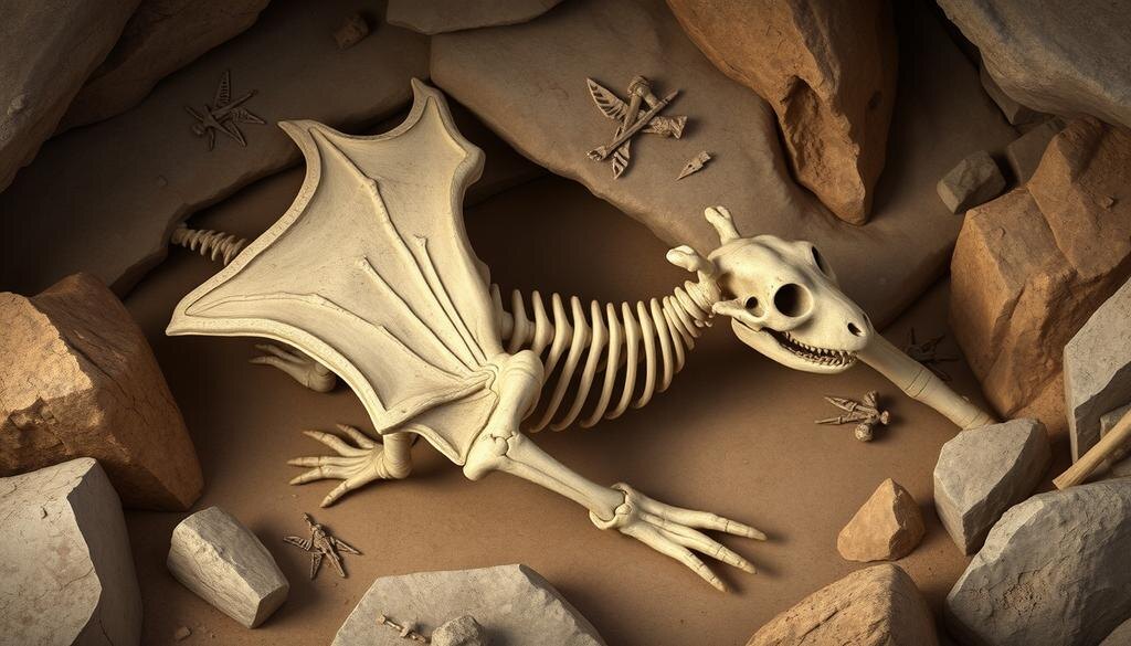    Остатки ископаемой белки-летяги в пещере, среди камней и геологических образований