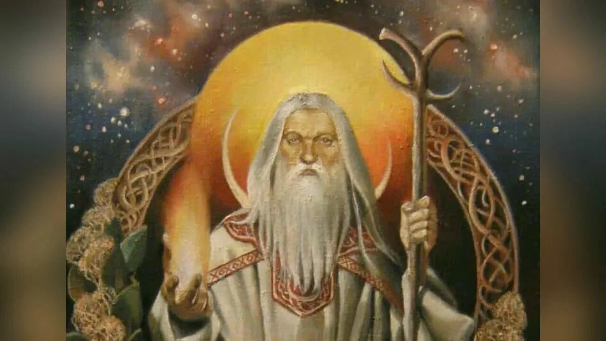 Род в интернетах, с православным нимбом, но с языческим огнем и кривой палкой.