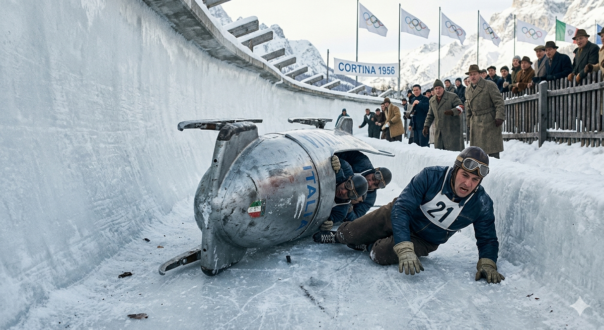Посмотрите на этот кадр. Никакого карбона, никаких зон вылета и высокотехнологичной защиты. Только стальной боб, кожаные куртки и надежда на то, что вираж в Кортина-д’Ампеццо окажется милосердным. В те времена авария была не просто частью гонки, а настоящим испытанием на прочность, где грань между триумфом и госпиталем была тоньше лезвия конька. Изображение сгенерировано с помощью ИИ.