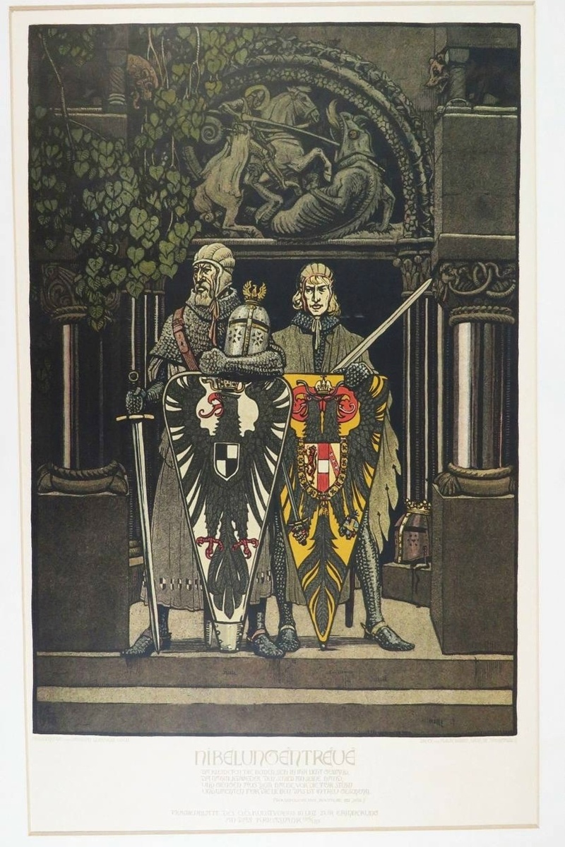 "Верность Нибелунгов". Германия и Австро-Венгрия, изображённые в виде братьев Нибелунгов на немецком пропагандистском плакате времён Боснийского кризиса.