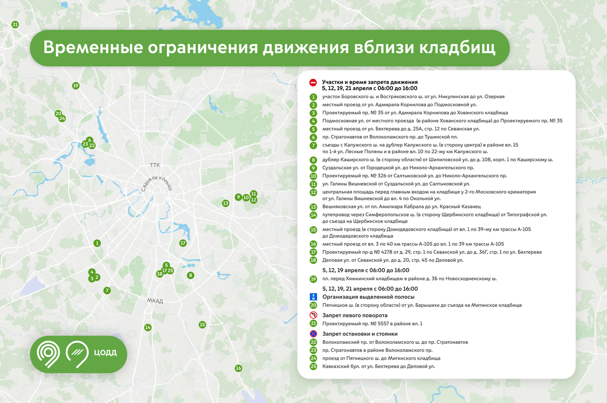    Ряд московских улиц закроют для движения транспорта 5, 12, 19 и 21 апреля