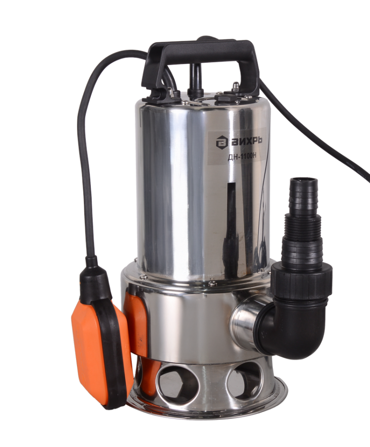 Дренажный насос Вихрь ДН-1100Н: 1100 Вт, макс. напор – 10 м, 258 л/мин, для грязной воды, диаметр пропускаемых частиц – 35 мм, 1.5“, корпус – нерж. сталь