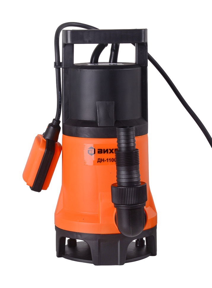 Дренажный насос Вихрь ДН-1100: 1100 Вт, макс. напор – 10 м, 258 л/мин, для грязной воды, диаметр пропускаемых частиц – 35 мм, 1.5“