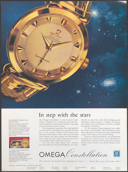 Реклама Omega Constellation Grand Luxe 1950-х годов и часы Constellation Grand Luxe ref. 14355 1954 года (2 фото)