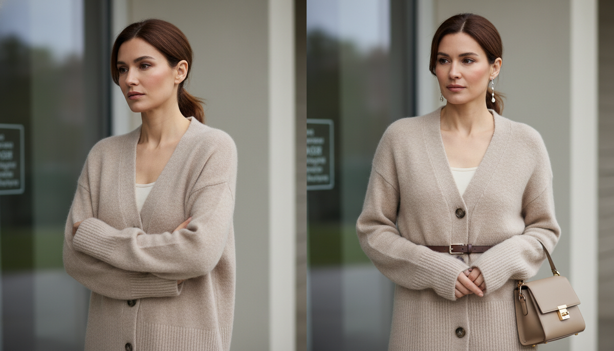 Сравнение «до/после»: женщина в кардигане выглядит домашне и затем собранно благодаря трём приёмам стилизации