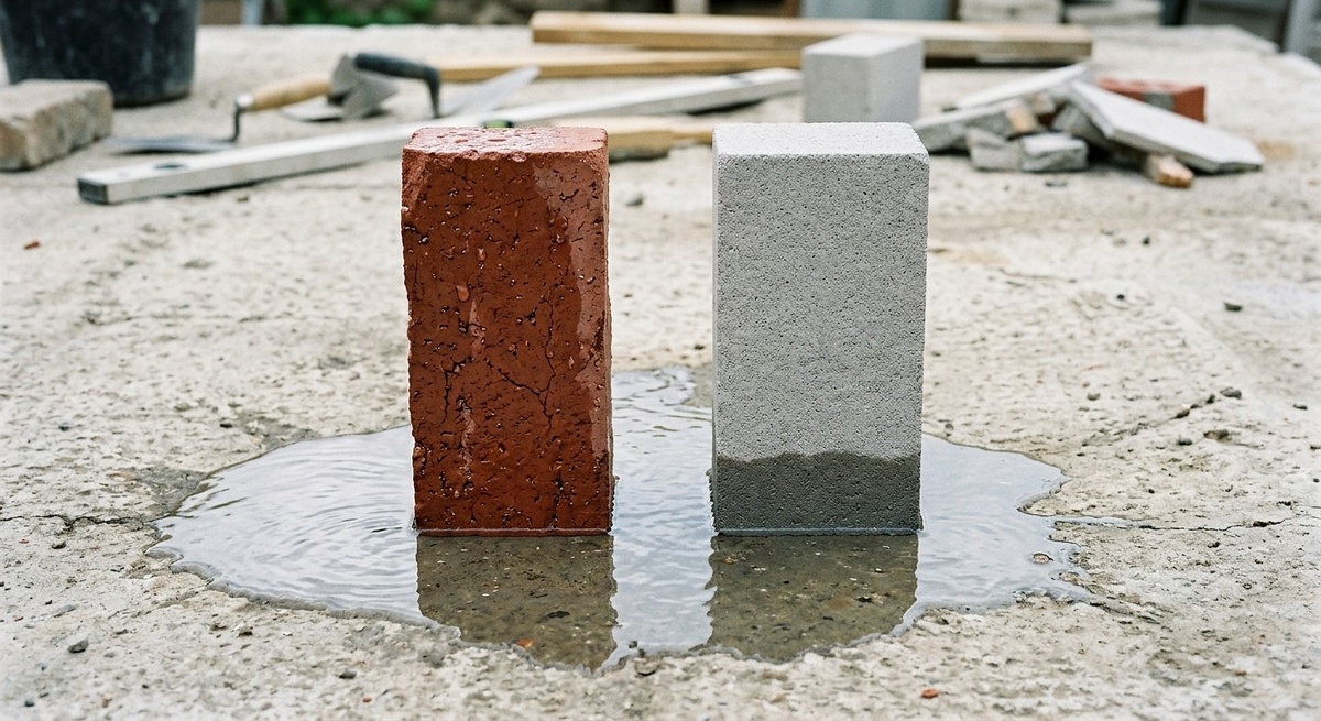 Эксперимент: красный кирпич и газобетонный блок в луже воды, показывающий разницу в пористости.