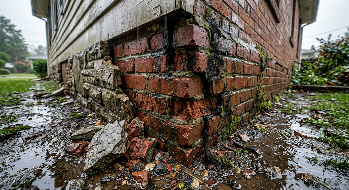Разрушенный кирпичный цоколь дома с отваливающимися кусками камня и черной плесенью в углах.