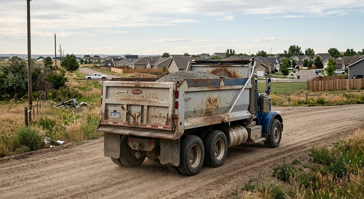 Самосвал с небольшим объёмом щебня едет по сельской дороге