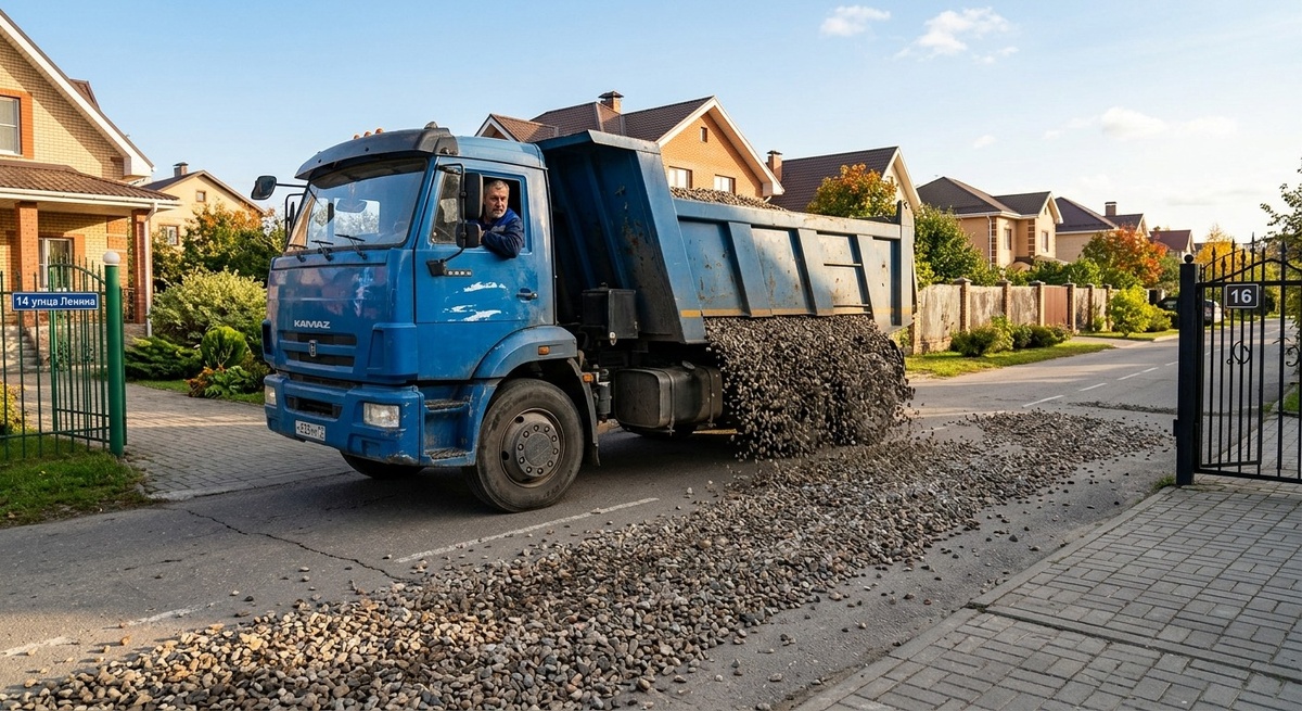 Водитель самосвала выполняет манёвр протяжки, ссыпает щебень по пути к двум соседним участкам