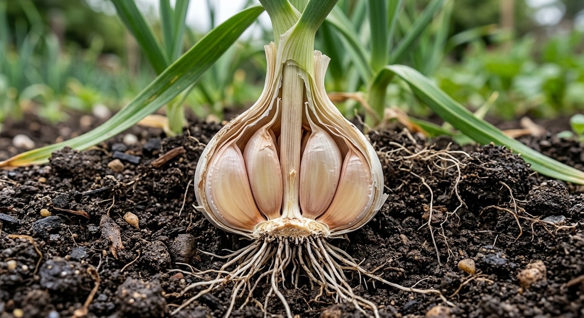 Разрез луковицы чеснока, показывающий слои защитной чешуи, сформированные листьями