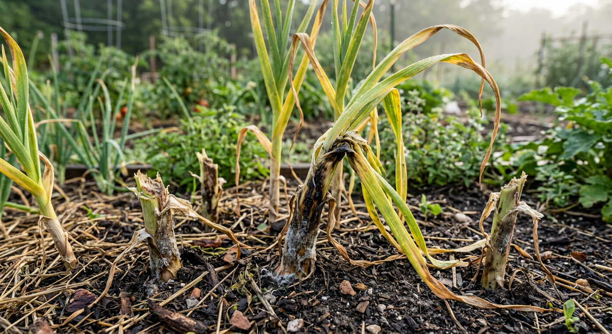 Чеснок с поврежденными листьями и признаками грибковой инфекции на грядке