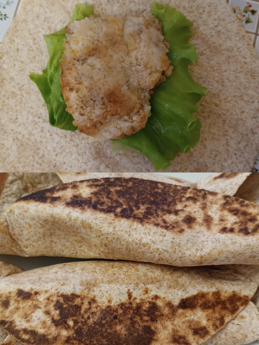 Завернула в злаковую тортилью грудку, сыр и салат, кофе 