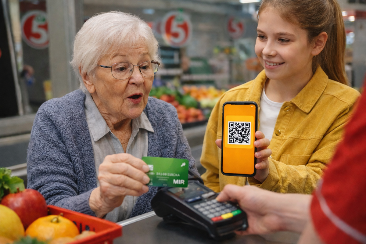    «Апельсин Пэй» вместо Apple Pay: Альфа-Банк и X5 перевели оплату в QR. Фото: нейросеть