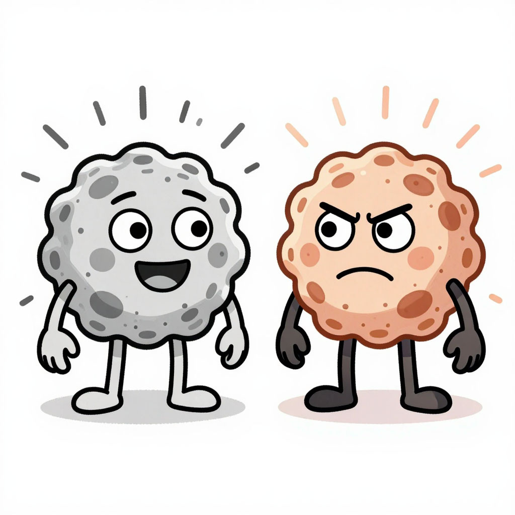 Довольный жизнью и воспаленный макрофаги. Изображение создано нейросетью Алиса AI