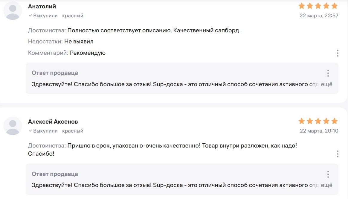 Здесь для хорошего отзыва о сапборда достаточно соответствия описанию, быстрой доставки и хорошей упаковки
