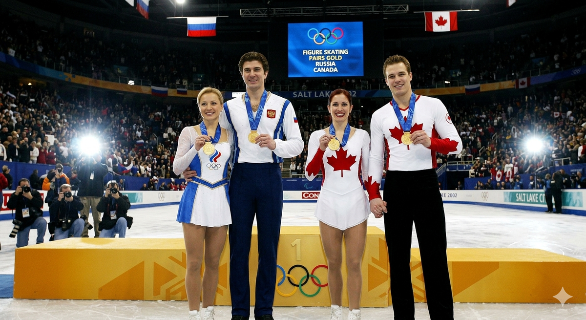 Олимпиада 2002: Момент, когда на подиуме стало тесно. Изображение создано с помощью ИИ.