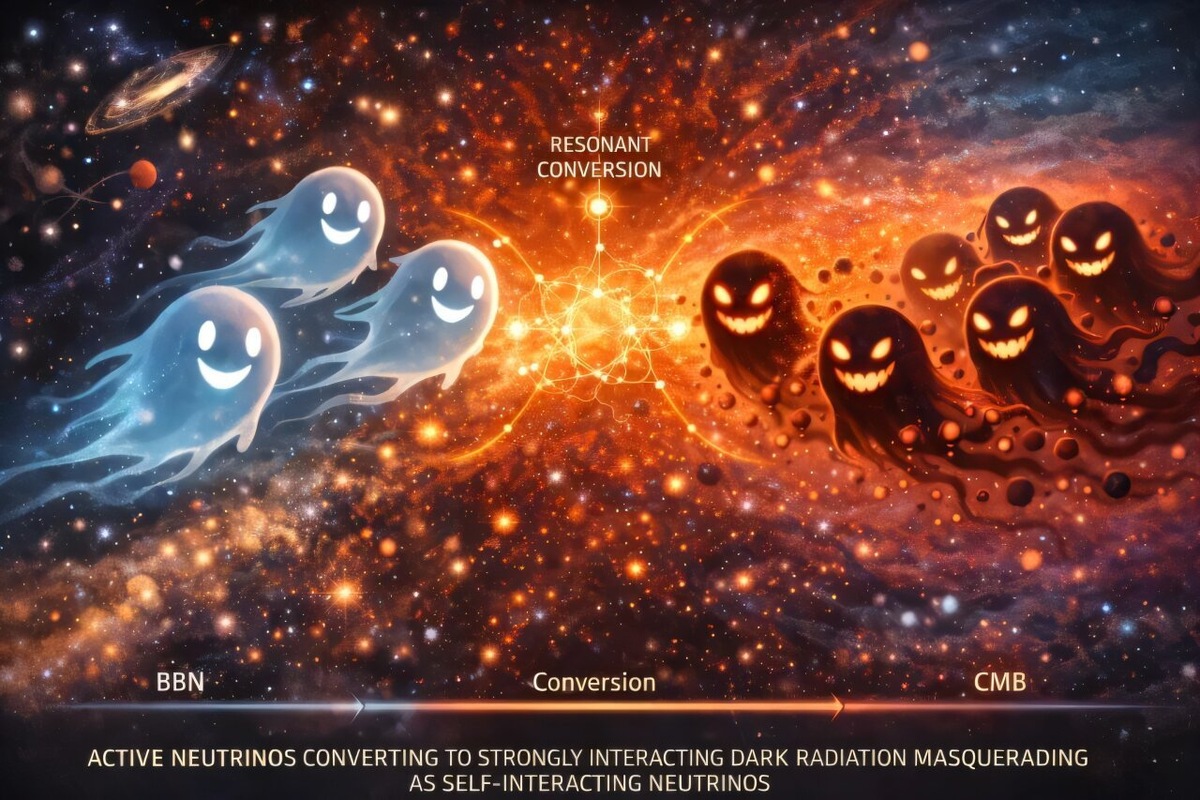    Иллюстрация превращения нейтрино в темное излучение в ранней Вселенной.