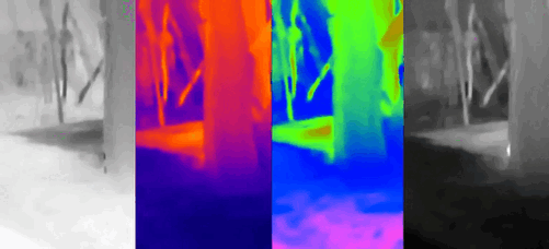 Режим работы тепловизора в 4 палитрах