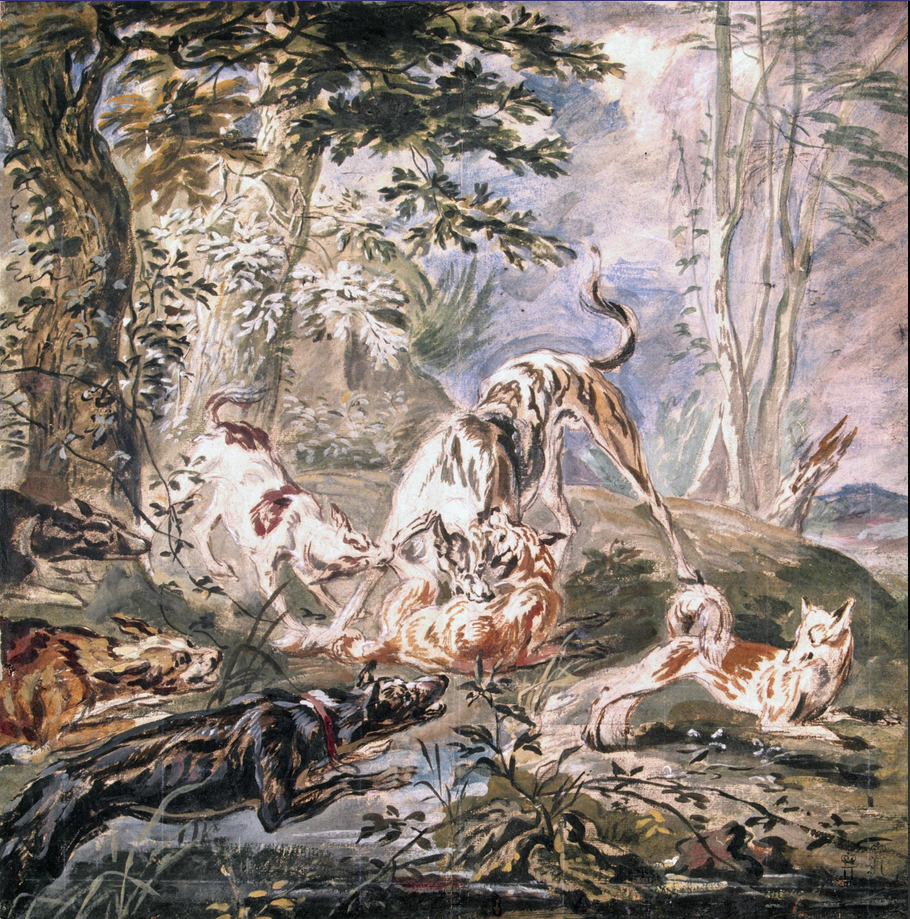 Среди сохранившихся рисунков Яна Фейта, мастера фламандского барочного натюрморта и анималистических сцен, этот лист выделяется большими размерами, богатством красок и тщательностью исполнения. Масштабная сетка, нанесенная белым мелом поверх композиции, свидетельствует о том, что рисунок представлял собой эскиз крупноформатной живописной работы - картины или, что кажется более вероятным, картона для шпалеры. Картон в размер будущей шпалеры исполнялся, как правило, помощниками художника, что требовало от автора композиции большей, чем в обычном рабочем эскизе, завершенности и детальности проекта. Пять натурных этюдов Фейта с изображением собак и лисиц для этой сцены находятся в Государственном Эрмитаже, два - в графическом кабинете в Антверпене.