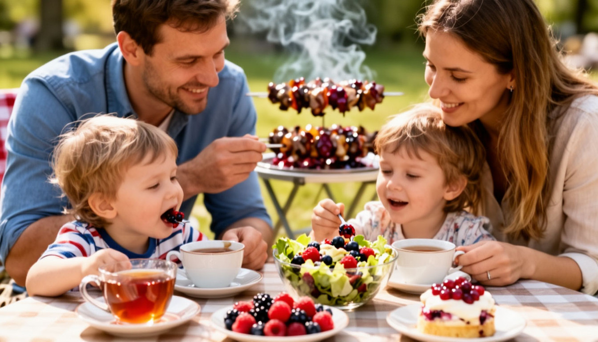 Иллюстрация атмосфера: семья за столом пробует салат с ягодами, чашка чая рядом с десертом, пикник с шашлыками в маринаде из брусники.