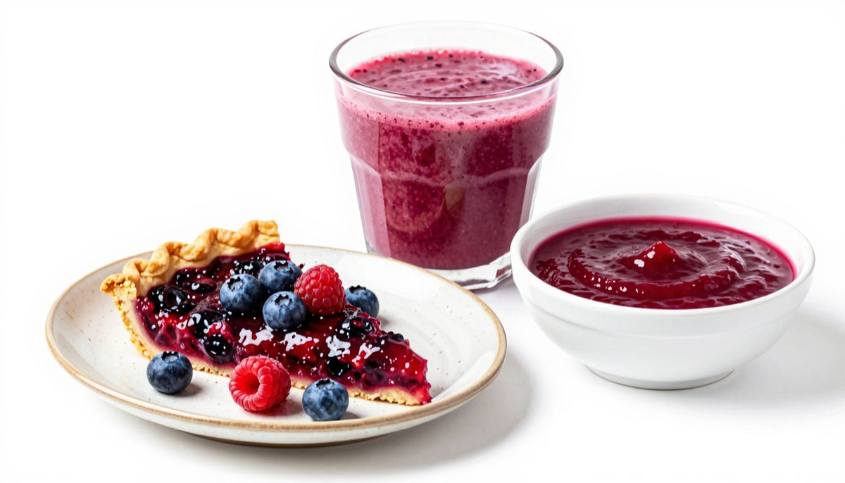 Иллюстрация Готовых блюд крупным планом: смузи в стеклянном стакане, пирог на керамической тарелке, суп‑пюре в белой миске.