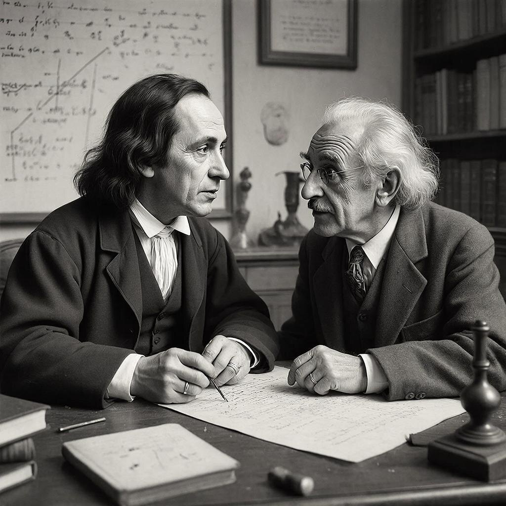 Неизвестно каким путём развивалась бы космология, если бы Ньютон и Эйнштейн смогли сверить и обсудить свои представления так, как на фото ИИ. Эти представления отличаются тем, что Ньютон гипотез не измышлял, а Эйнштейн только на них и опирался.