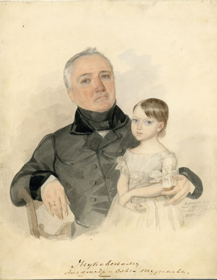 Портрет А.М. Тургенева с дочерью Ольгой работы К. А. Горбунова (1839)