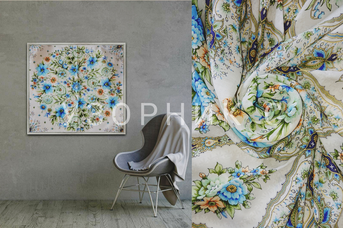 Павловопосадский платок Снежинки и цветы в интерьере, коллаж автора