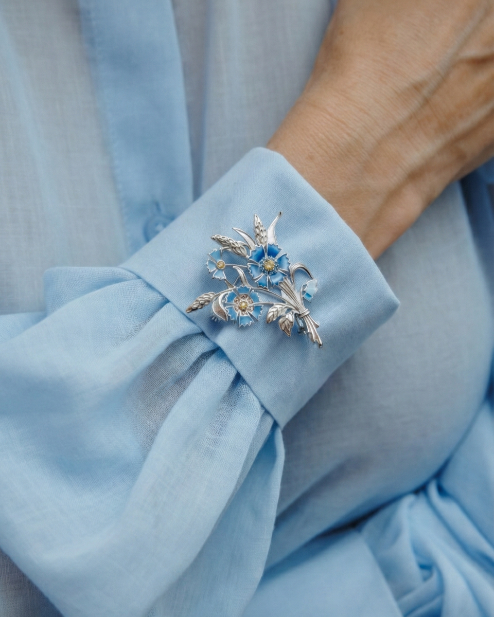 Бренд TRIORA, коллекция Россия: колье и браслет из натурального киантина, дизайнерская брошь "Василёк" и шелковый шарфик Твилли