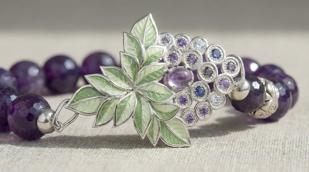 Бренд TRIORA, коллекция Италия: колье из натурального аметиста, дизайнерская брошь и шелковый шарфик Твилли