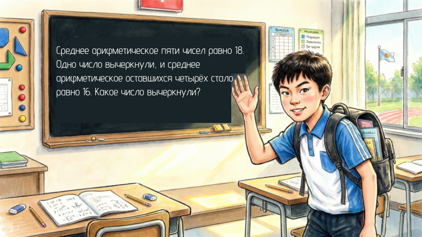 Среднее арифметическое пяти чисел — 18. После того как одно число вычеркнули, среднее стало 16. Какое число убрали? Задача для 6 класса, но именно здесь отличники спотыкаются о, казалось бы, очевидное.