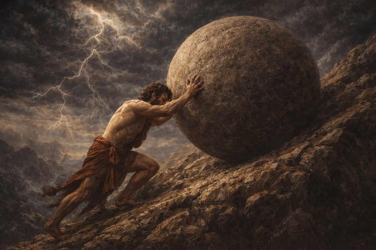 Сизиф в отчаянии и напряжении толкает огромный камень