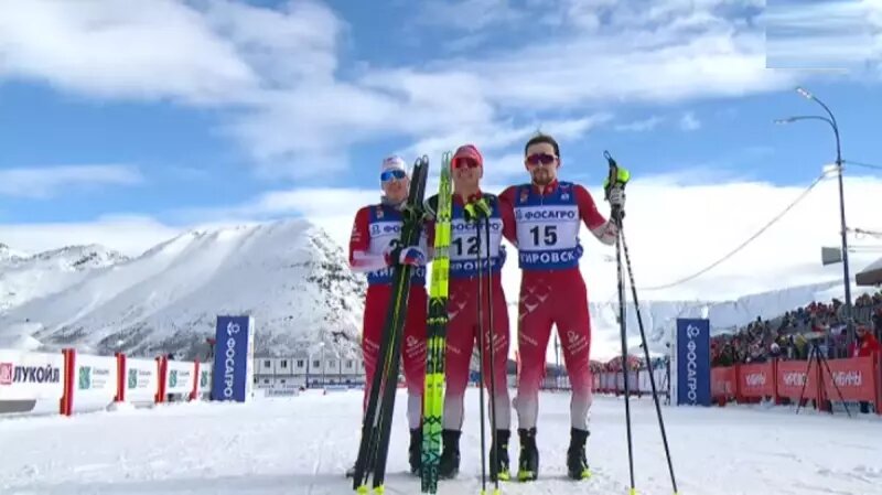    Соловьёв, Забалуев, Тиунов - призёры спринта. Скриншот с трансляции